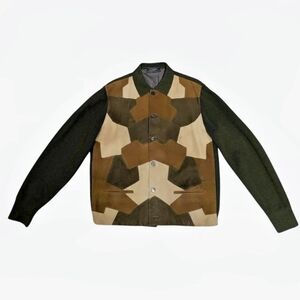 Vintage green earth tones suede patch work knit jacket by Cortefiel Grandpa Knit